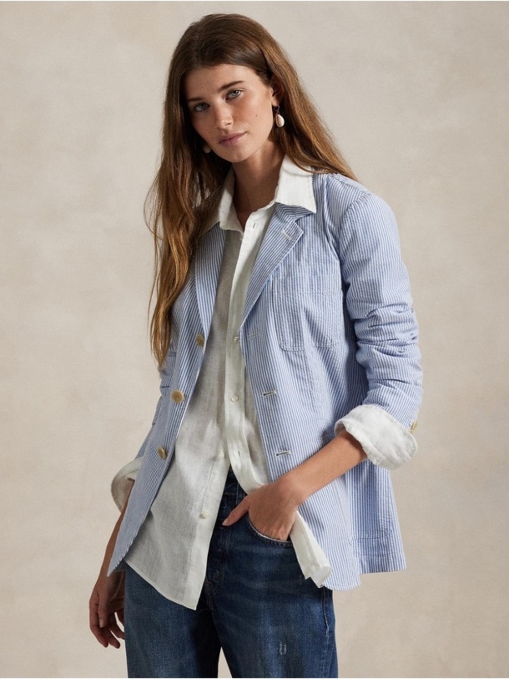 Ralph Lauren Blue and White Seersucker Blazer Size L